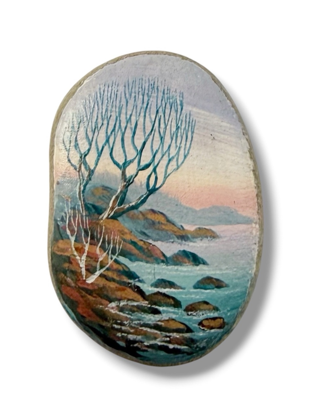 Vintage Hand Painted Seascape Ocean Landscape on Stone Oval Pin Signed